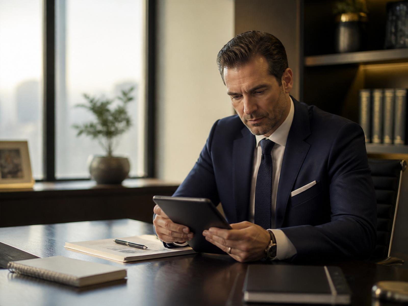 A pharmaceutical sales professional reviewing notes on a tablet before an important customer meeting